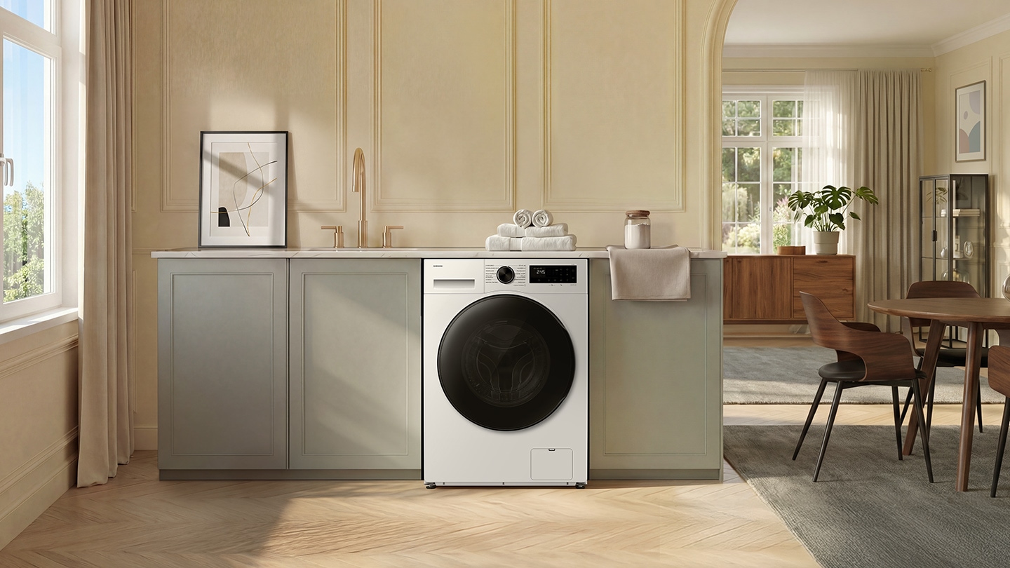 The washer is installed in a modern laundry room.