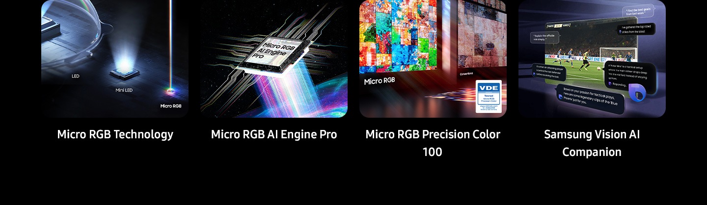 Key features at a glance shown as Micro RGB Technology with LED, Mini LED and Micro RGB. Micro RGB AI Engine Pro. Micro RGB Precision Color 100 compared to conventional screen with VDE logo (01/2026 Tested Micro RGB Precision Color, www.VDEinfo.com, ID. 40060498, Tested by VDE Germany). Samsung Vision AI Companion. Samsung TV playing football scene with examples of Bixby answering user questions on screen related to the game.