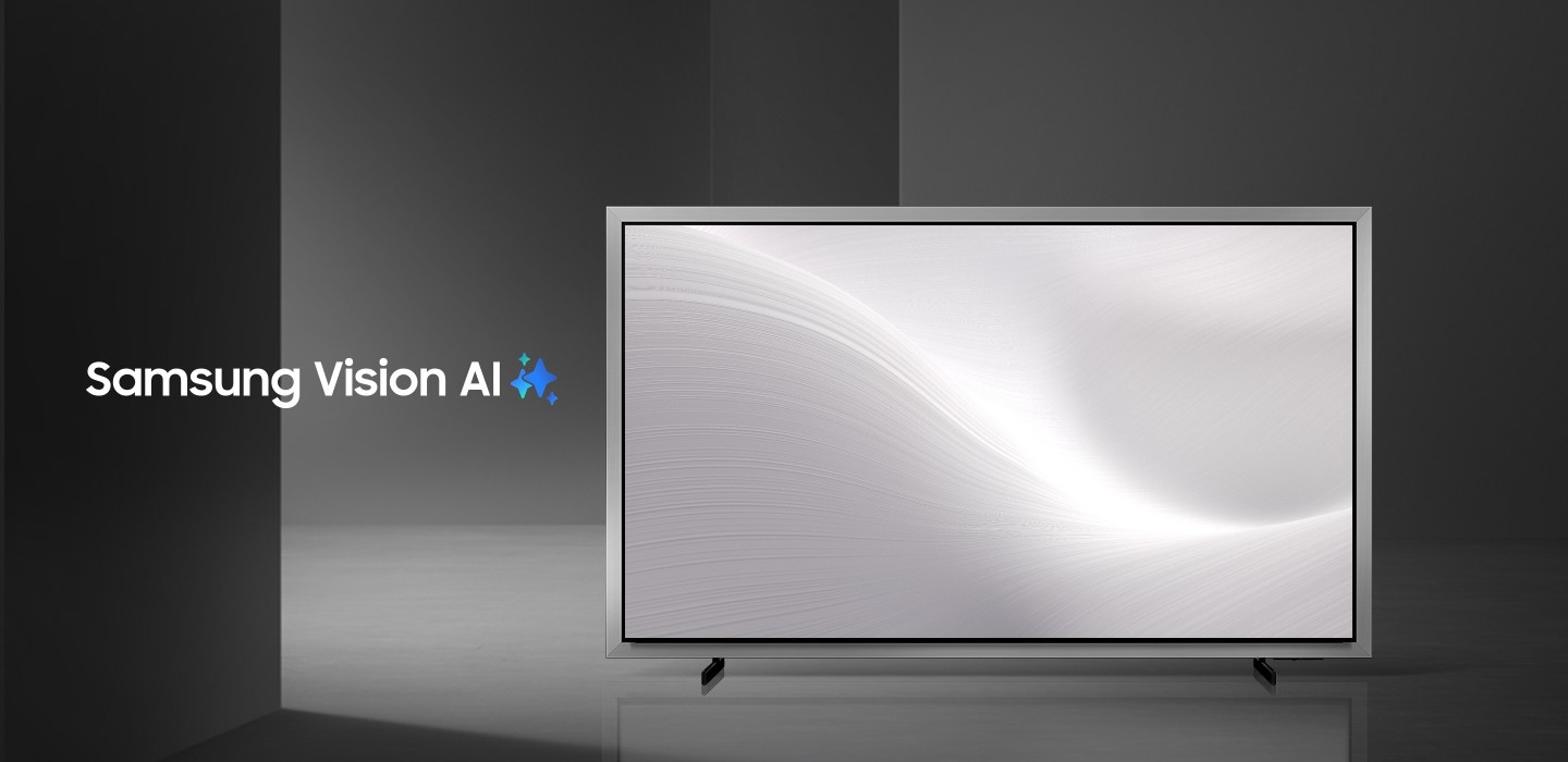 Samsung OLED TV plays a clip of soft, flowing abstract waves in shades of lavender, cream and pale pink. Samsung Vision AI logo.
