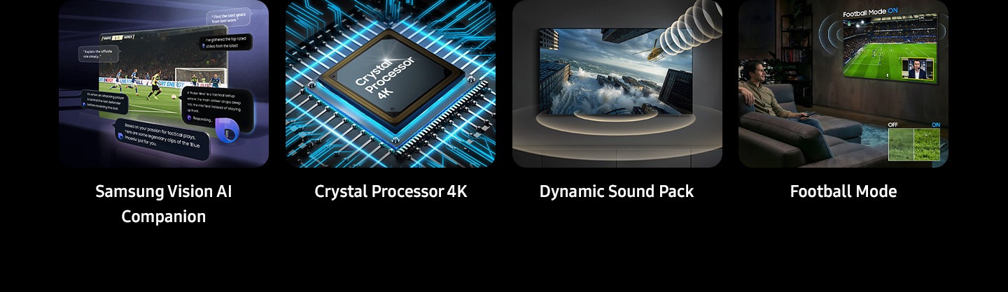 A feature overview, highlighting Samsung Vision AI Companion, Crystal Processor 4K, Dynamic Sound Pack and Football Mode.