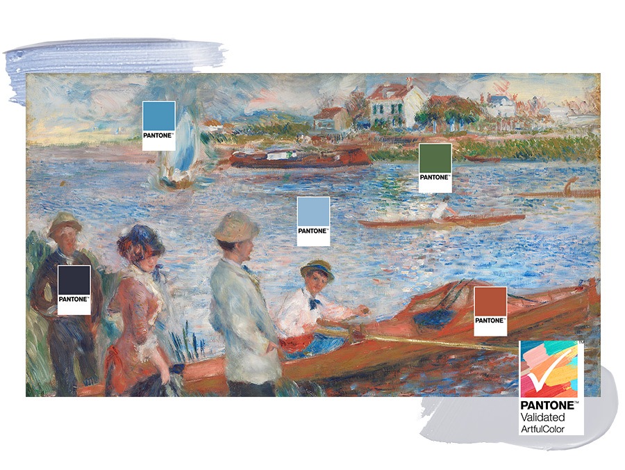 The Frame TV displays a classic painting with rich, realistic colors, highlighted by PANTONE markers. PANTONE™ Validated ArtfulColor logo.