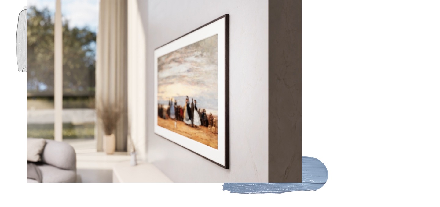 A diagonal view shows The Frame TV floating before moving flush against the wall. The angle shifts to the front, revealing classic artwork in Art Mode within a refined living room.