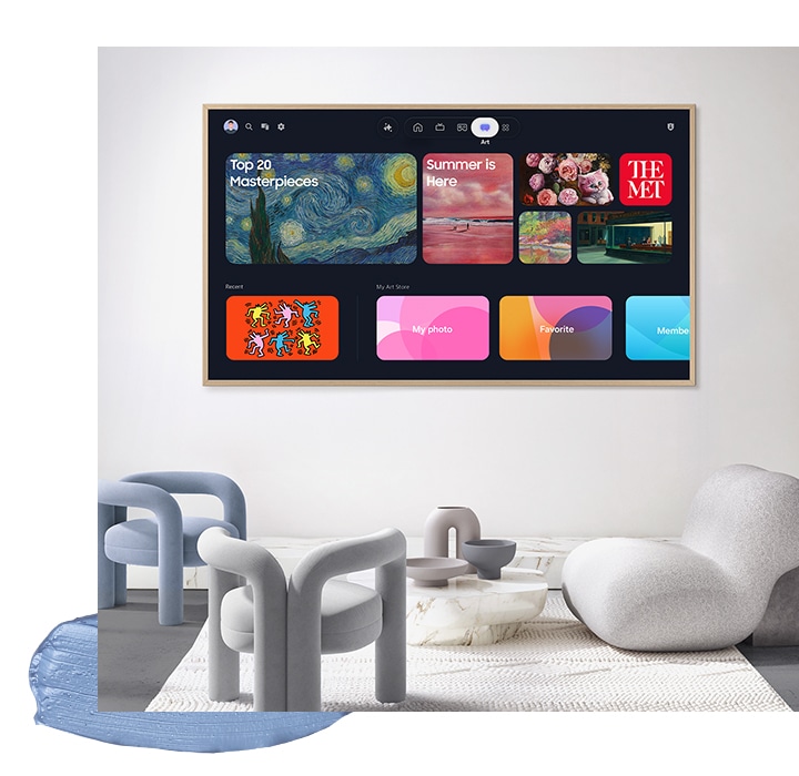 The Frame TV shows the Art Home interface, displaying curated collections, themed artwork groups, and personalized art playlists.