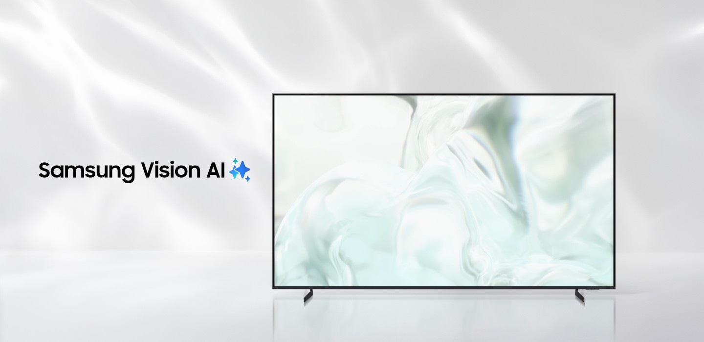 Samsung Vision AI logo next to a Samsung TV that turns on to display abstract visuals.
