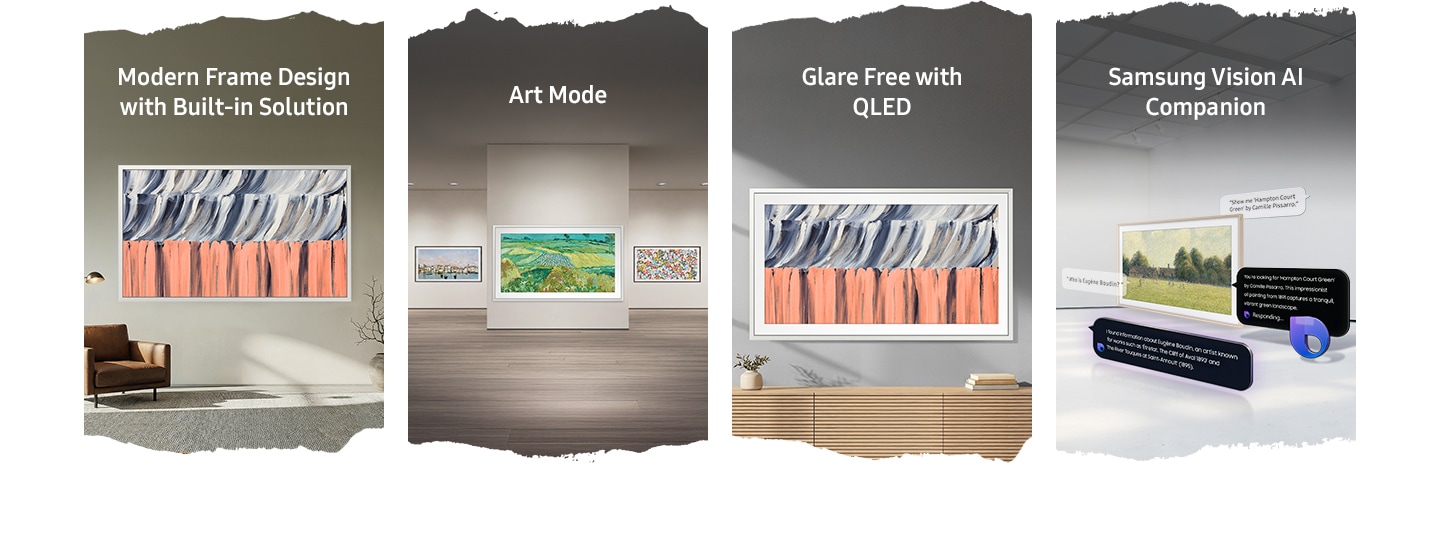 Top four features of The Frame TV, including Modern Frame Design with  with Built-in Solution, Art Mode, Glare Free with QLED and Samsung Vision AI Companion.