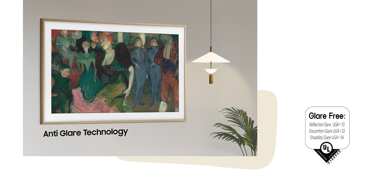 The Frame TV is turned off, its screen reflecting the room’s lighting. The TV turns on to display a classic artwork as a vertical white line sweeps from left to right, wiping away the visible glare on the screen. Once the reflection disappears, the words ‘Anti-Glare Technology’ appear. UL Verified Glare Free logo. Reflection Glare UGR <10, Discomfort Glare UGR <22, Disability Glare UGR < 34, V166045