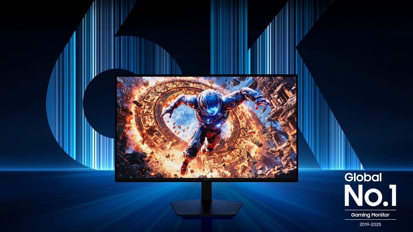 6K text appears first. Then, on an Odyssey G8 monitor, a character is shown exiting a portal, with the 6K text positioned behind it. Global No.1 Gaming Monitor 2019-2025 logo.