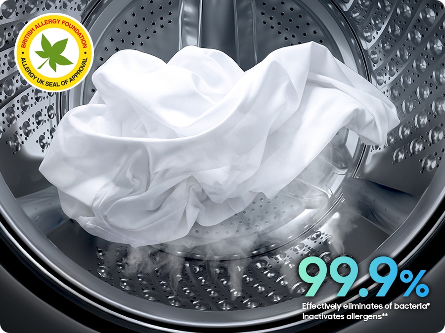 A shirts is inside the washer drum, surrounded by steam. Steam Wash effectively eliminates 99.9% of bacteria* & inactivates allergens**. Steam wash certified by BRITISH ALLERGY FOUNDATION and ALLERGY UK SEAL OF APPROVAL.