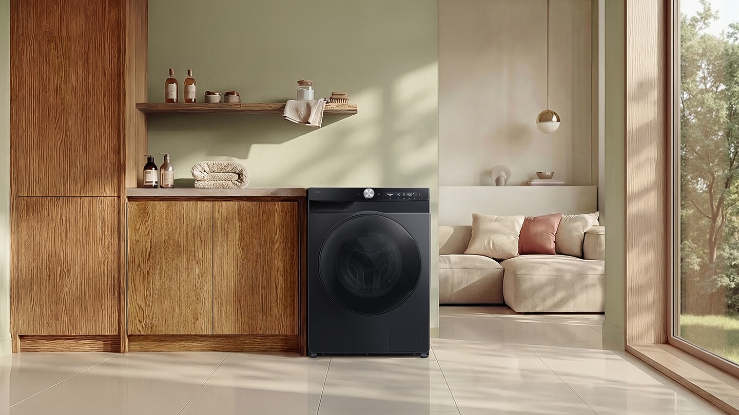 The washer is installed in a modern laundry room.