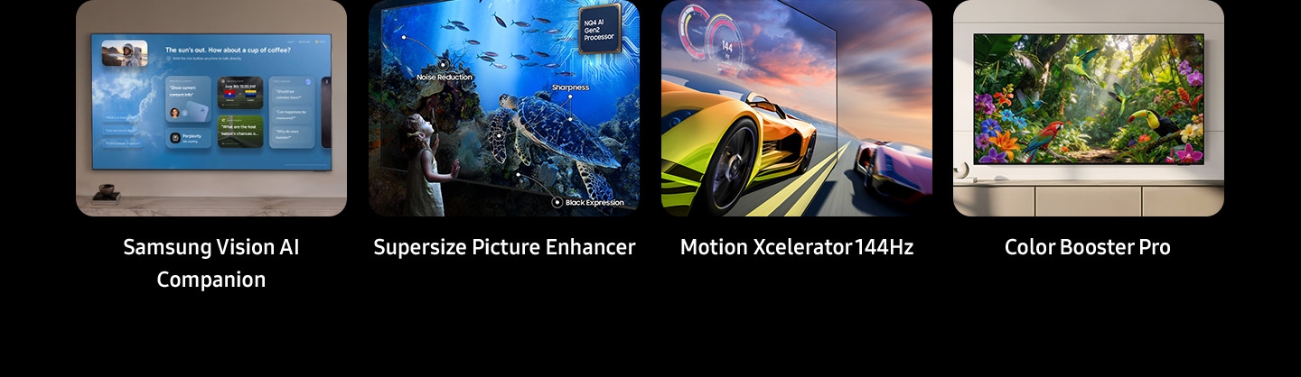 A feature overview, highlighting Samsung Vision AI Companion, Supersize Picture Enhancer, Noise Reduction, Sharpness, Black Expression, NQ4 AI Gen2 Processor, Motion Xcelerator 144Hz and Color Booster Pro.