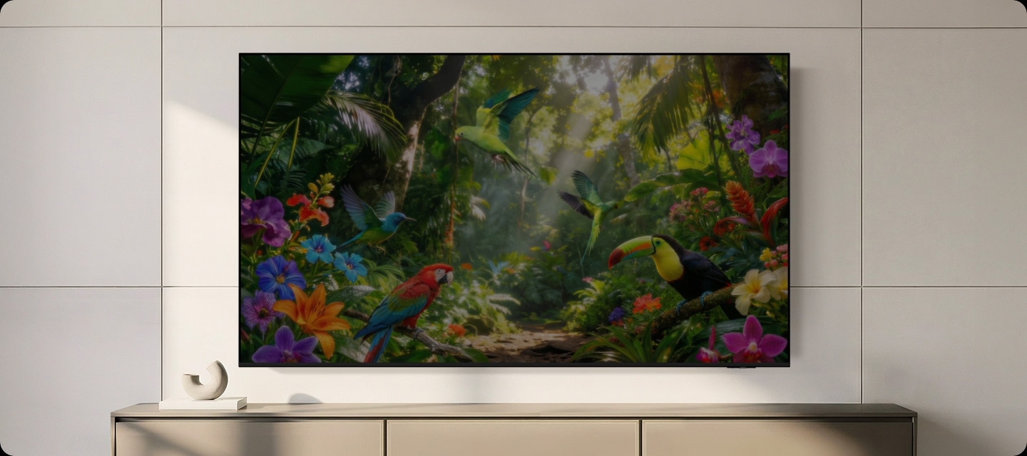 A Samsung TV displays a jungle scene. It looks a bit dull until several points are detected and then enhanced thanks to Color Booster Pro. The result is an amazingly vibrant picture with all the colors of the flowers and birds clearly standing out.