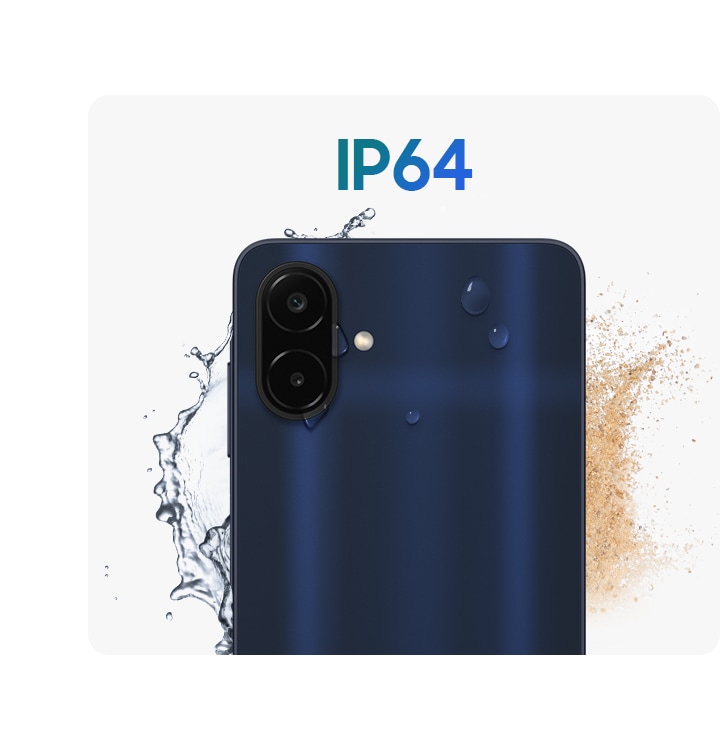 Galaxy A08 in Dark Blue shown from the back with water splashes and dust around it to highlight the IP64-rated protection.