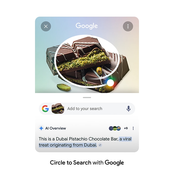 Some Dubai chocolate is circled. Google search bar is seen underneath with AI Overview results.