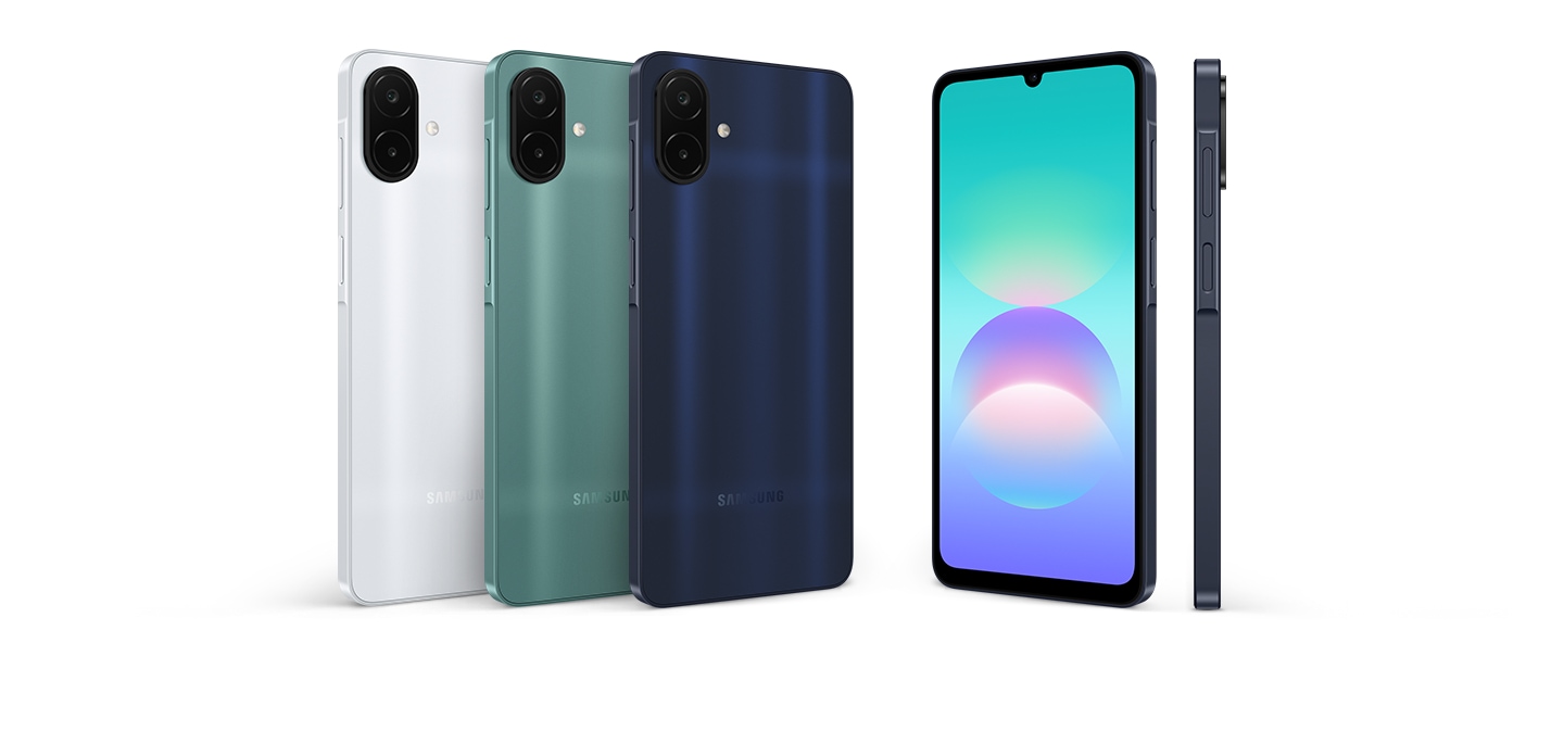 Galaxy A08 shown in Dark Blue, Silver, and Green from multiple angles, highlighting its sleek and slim design.
