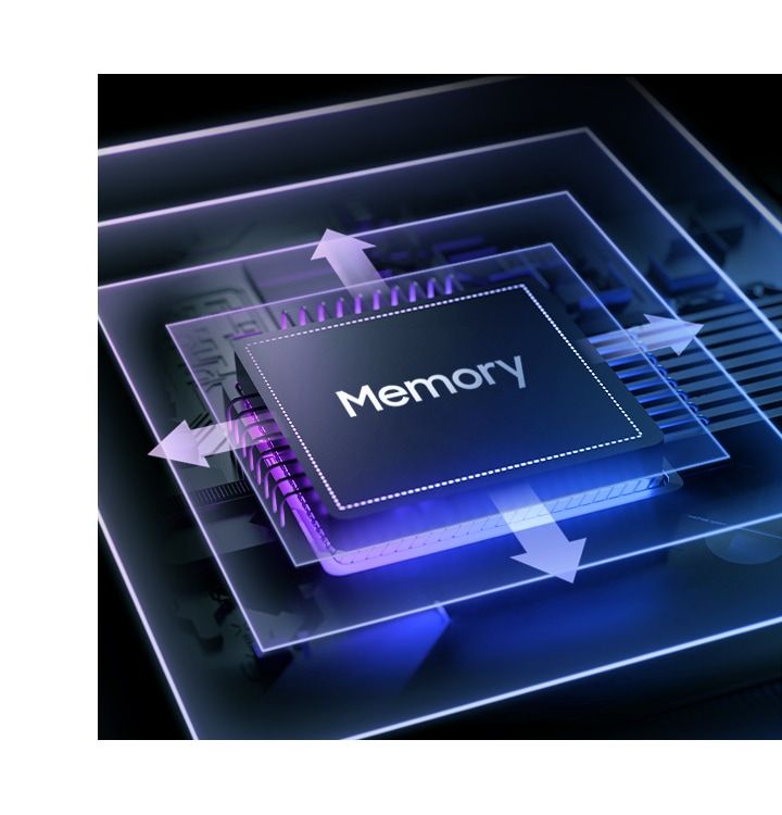 A processor chip text representing the memory of Galaxy A08 is shown embedded on a grid.