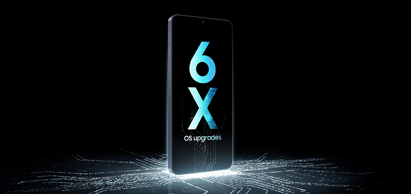 A Galaxy A08 device stands upright on top of a luminescent chip circuit that continues up the screen, which shows '6X OS upgrades'.