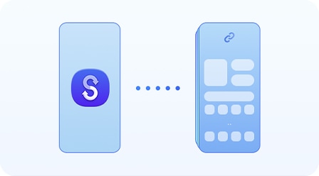 A smartphone device silhouette with Smart Switch icon onscreen is shown transferring data to another compatible smartphone device with multiple data layers.