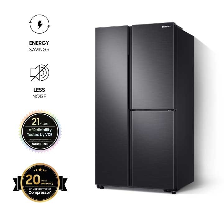 View Samsung Side by Side Refrigerator in front & explore to select the best 2 door fridge with Digital Inverter Technology at Samsung MY!