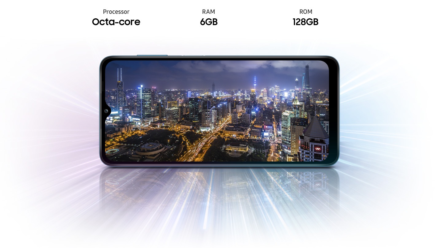 A12 shows night view of city, indicating device offers Octa-core processor, 6GB of RAM, 128GB of ROM
