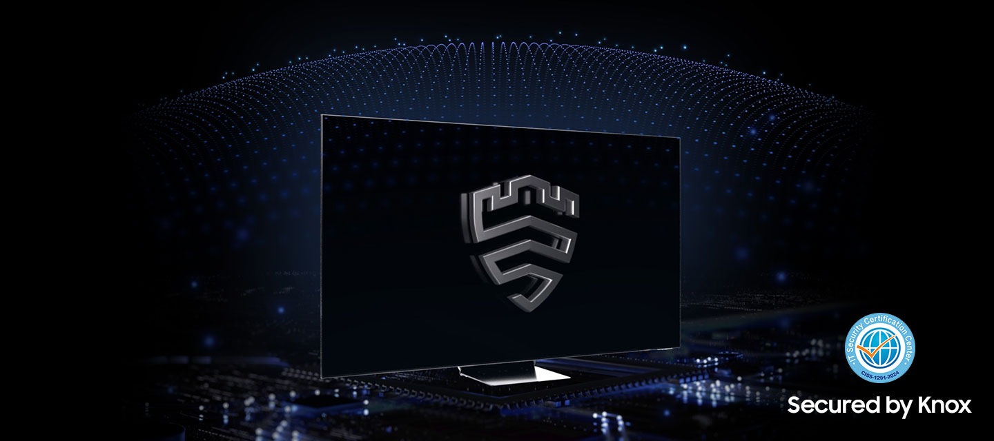 A multi-layered security solution is creating a dome-like enclosure behind a TV that's secured by Knox. The screen features the Samsung Knox emblem. The text Your privacy. Secured. Only on Samsung TV is on display on top.