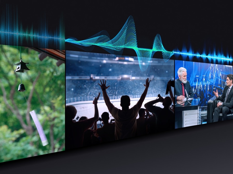Simulated sound wave graphics are showing audio scenic intelligence technology optimizing TV sound.