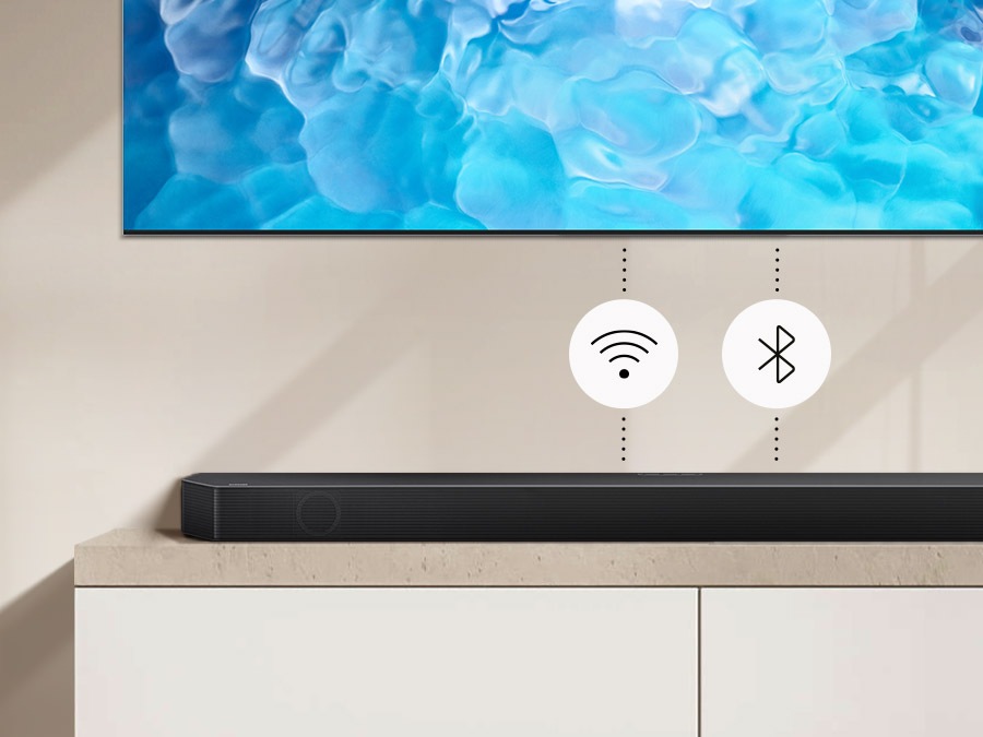 Sound being played through soundbar connected to TV with Wi-Fi and Bluetooth.