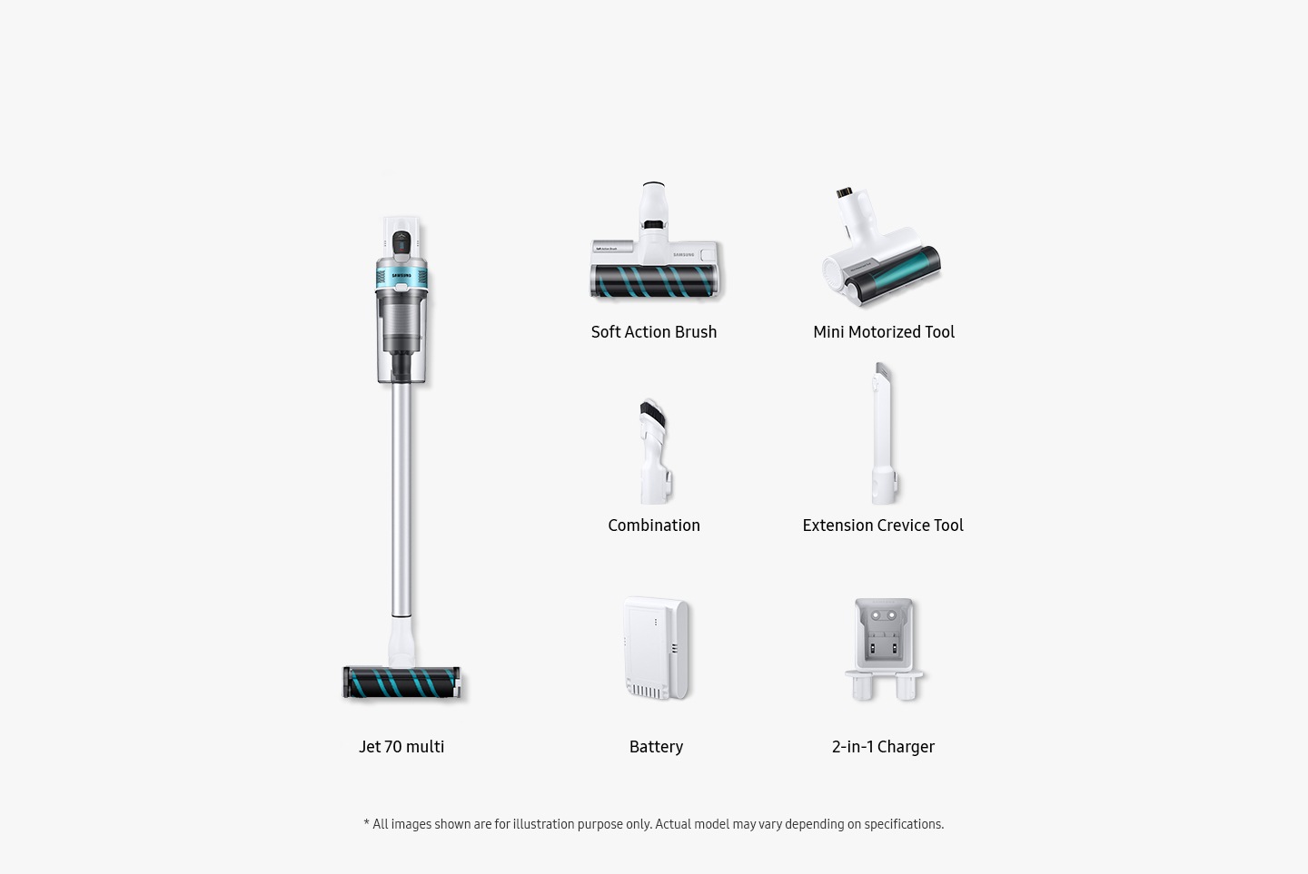 The accessories for Jet 70 Multi stick vacuum in white on a flat lay. Find the price of this Samsung wireless vacuum cleaner and buy online now.