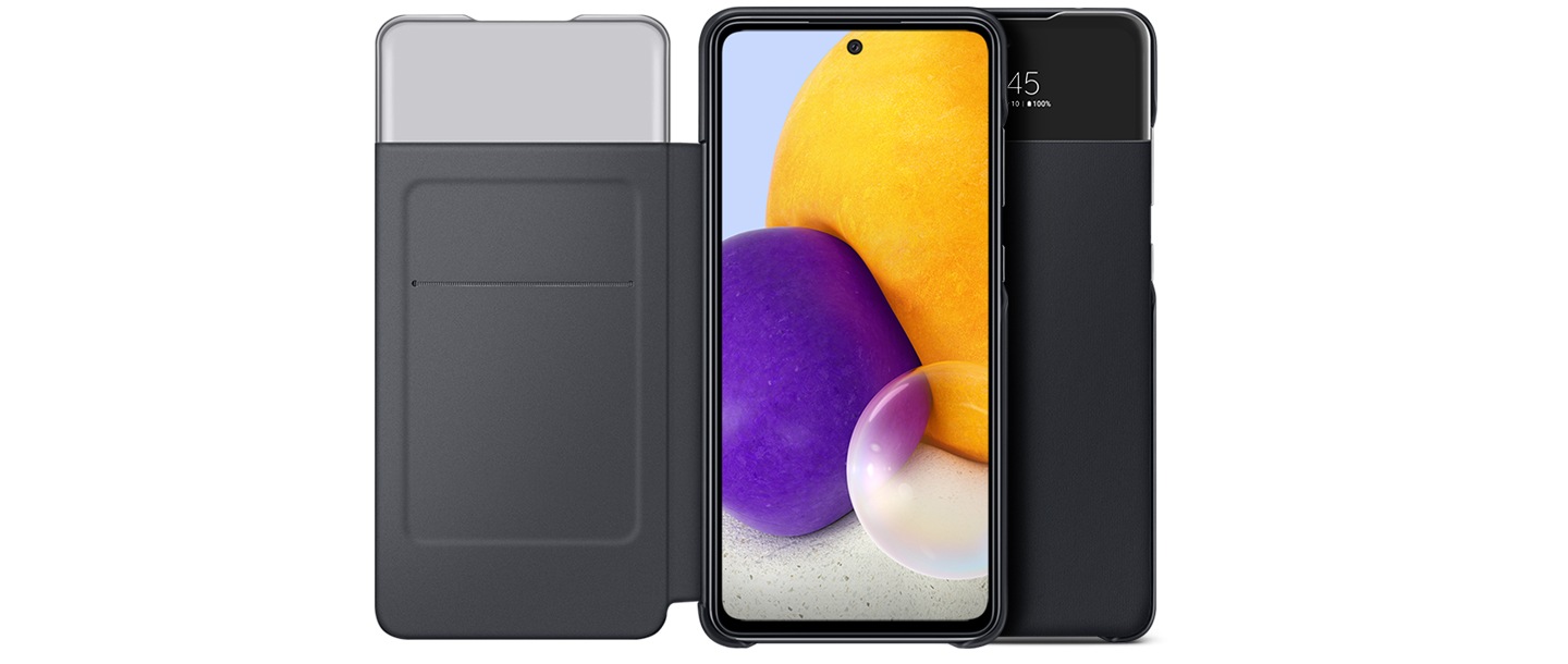 Dos fundas tipo cartera Galaxy A72 con S View negras se superponen una al lado de la otra.  Se abre el caso de delante y se muestra en la pantalla del dispositivo.  y la otra tapa trasera está cerrada.