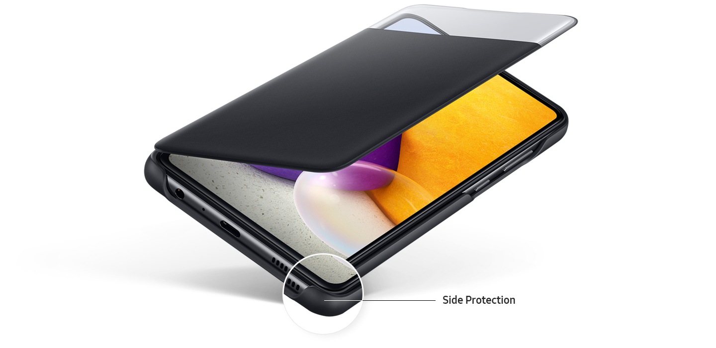 Galaxy A72 con la cubierta tipo billetera S View negra abierta hasta la mitad, que se muestra en la pantalla del dispositivo.  Borde del teléfono resaltado y el texto dice protección lateral.