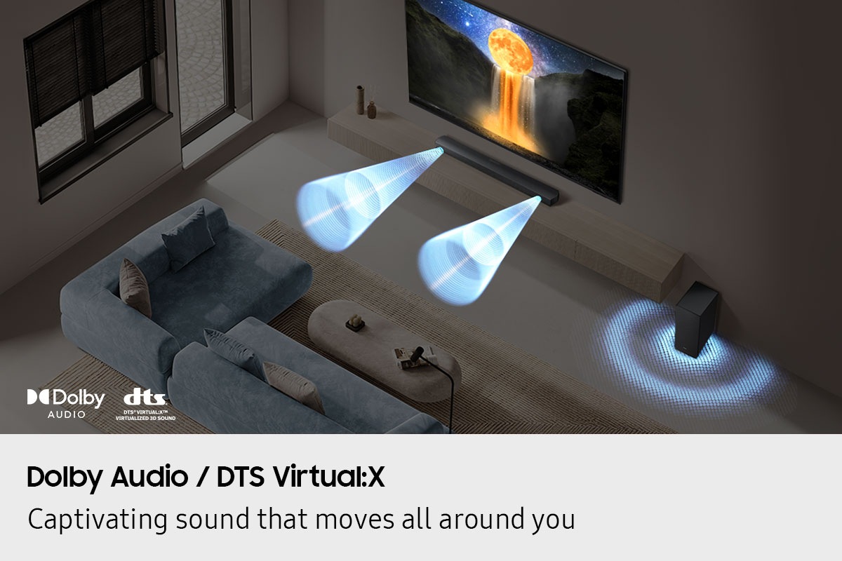 A contemporary living room showcases a stylish couch facing a wall-mounted TV and a soundbar from the Samsung B650f B Series, featuring a scenic display. Soundwaves illustrated emanate from the TV and soundbar.