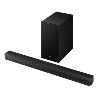 A sleek black soundbar and matching subwoofer from the Samsung B650f model are displayed side by side. The soundbar boasts a long, rectangular design with subtle controls, while the compact subwoofer features a modern square shape.
