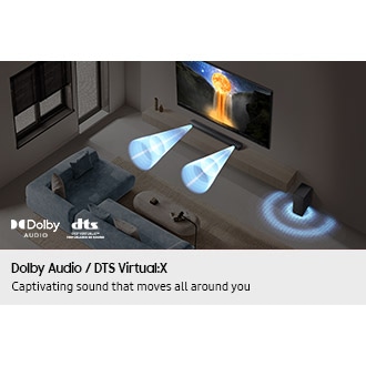 A contemporary living room showcases a stylish couch facing a wall-mounted TV and a soundbar from the Samsung B650f B Series, featuring a scenic display. Soundwaves illustrated emanate from the TV and soundbar.