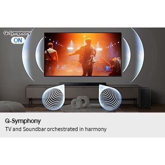 A modern living room showcases a large TV displaying a vibrant concert scene, complemented by stylish Samsung B650f soundbar on a low cabinet. The Q-Symphony feature highlights seamless audio integration between the TV and the soundbar.