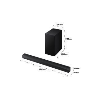 A black Samsung B650f soundbar and subwoofer set rests against a light backdrop. The soundbar measures 860 mm long, while the subwoofer features dimensions of 184 mm wide, 343 mm tall, and 295 mm deep for clear sound setup.