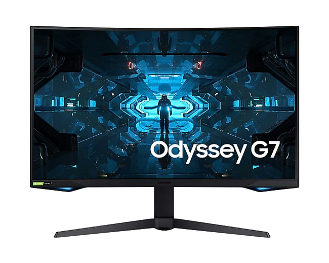 Front perspective view of the Samsung 32 inch Odyssey G7 WQHD Curved Gaming Monitor.