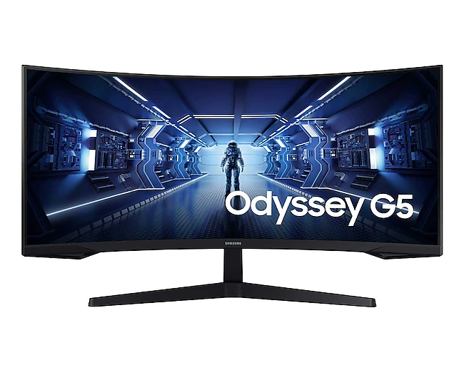 Front perspective view of the Samsung 34 inch Odyssey G5 Ultra WQHD Gaming Monitor.