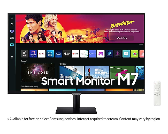 Front perspective view of the Samsung 32 inch M7 Ultra HD Smart Monitor.