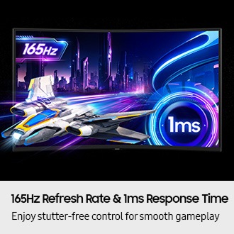 165Hz Refresh Rate & 1ms Response Time. Enjoy stutter-free control for smooth gameplay. Spacecraft dashing out of the screen showing neon buildings. 165Hz refresh rate and 1ms response time.