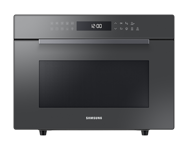 Review the front with Control Panel and Handel & the grey cover with logo of Samsung 35L Convection Microwave Oven with HotBlast technology (MC35R8088LC/SM)!