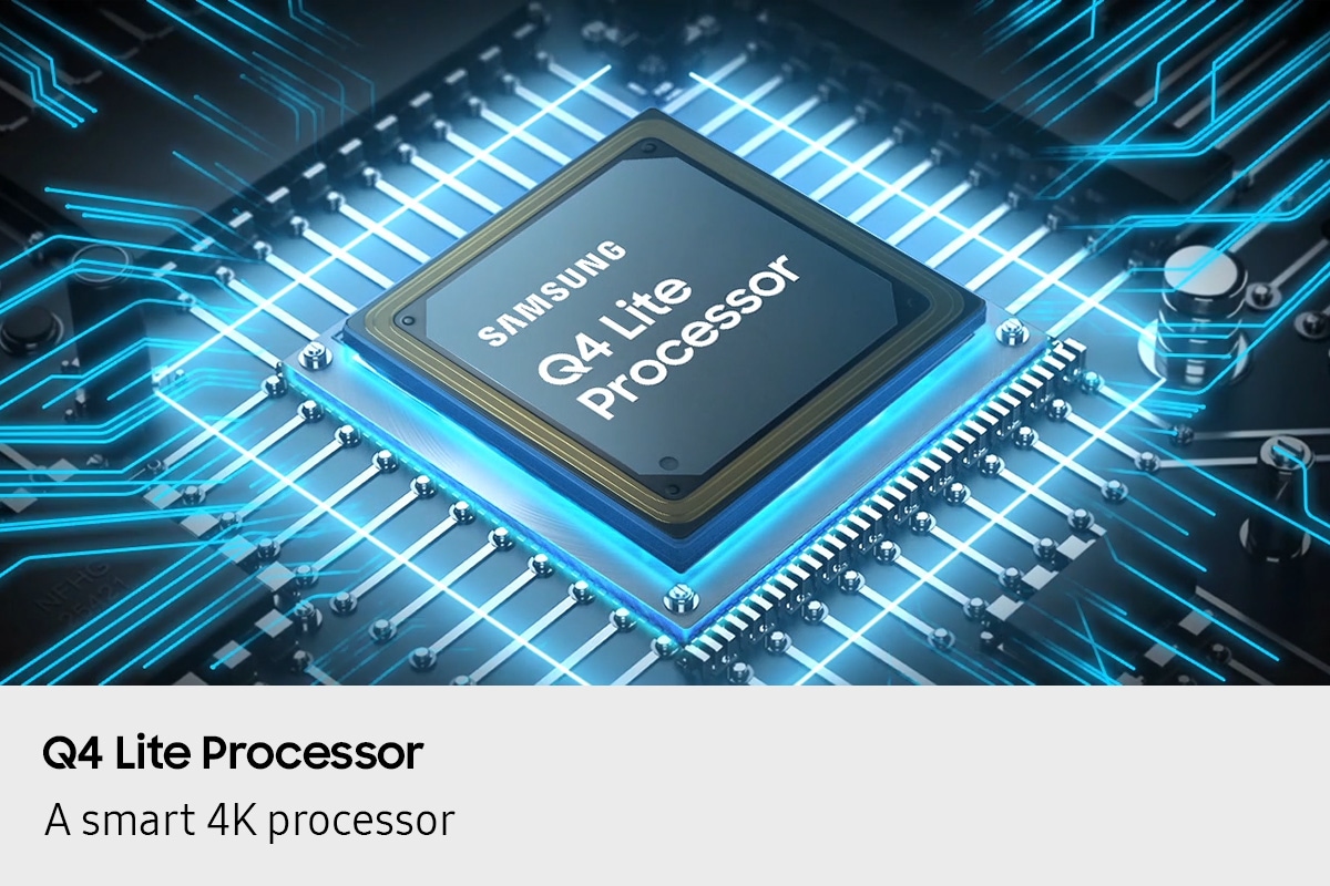 A Samsung Q4 Lite Processor chip is laid out on a TV's main board with glowing power lines.