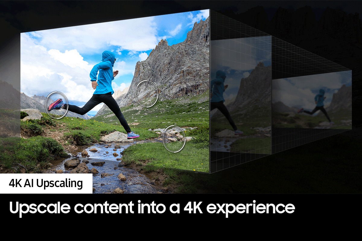 The details of a mountain side, rocks in a creek and shoes of a runner in a scene are upscaled to great clarity.