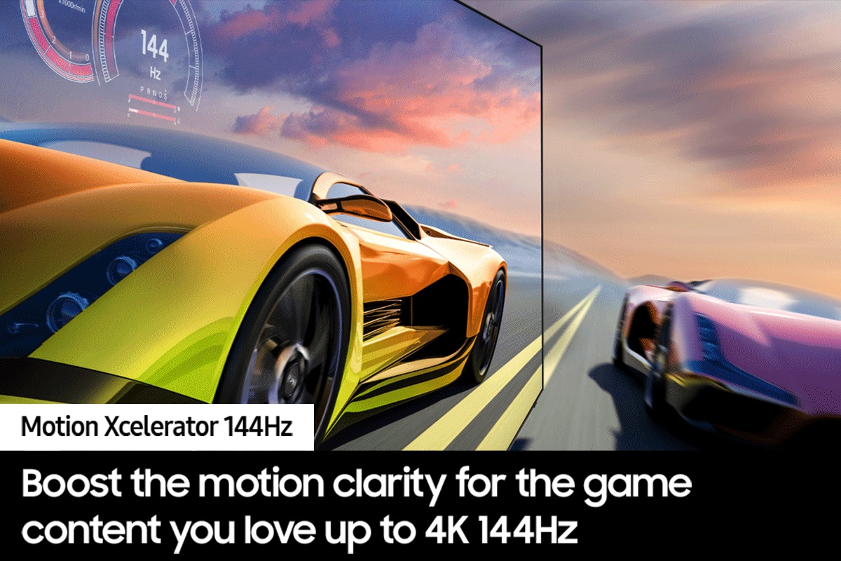 2 race cars are racing on a track. 1 looks clearer than the other and is going faster.