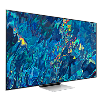Explore the reviews on the specifications of Samsung QN95B 55 Inch TV now. The 55 inch TV in silver is seen from the front at a left angle