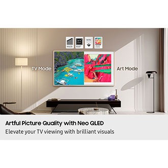 Artful Picture Quality with QLED. Stunning visuals for art and entertainment alike. TV with TV Mode and Art Mode. Quantum Matrix Technology Slim, AI TV NQ4 AI Gen3 Processor, Glare Free: Reflection UGR<10 Discomfort <22 Disability <34 UL, PANTONE Validated ArtfulColor logos.