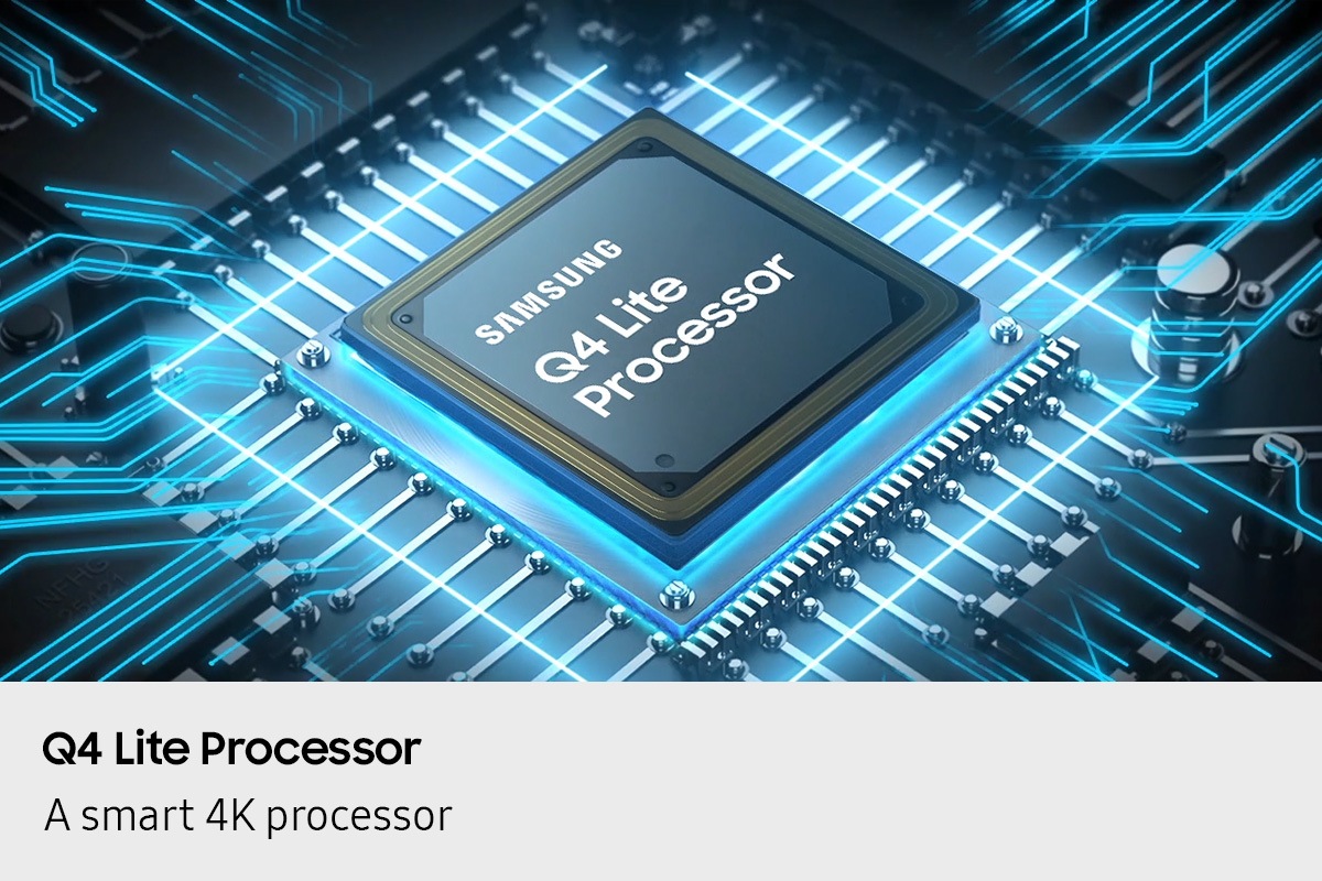 A Samsung Q4 Lite Processor chip is laid out on a TV's main board with glowing power lines.