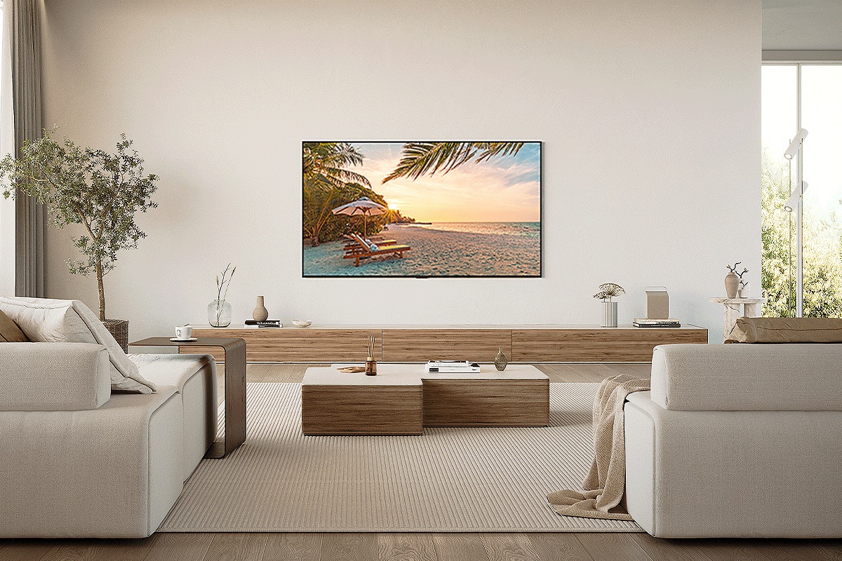 Wall-mounted Q80D in a natural white-toned living room.