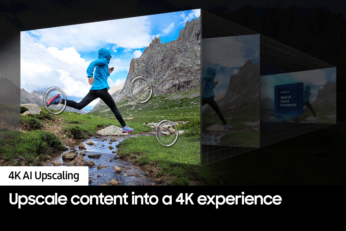 The details of a mountain side, rocks in a creek and shoes of a runner in a scene are upscaled to great clarity.