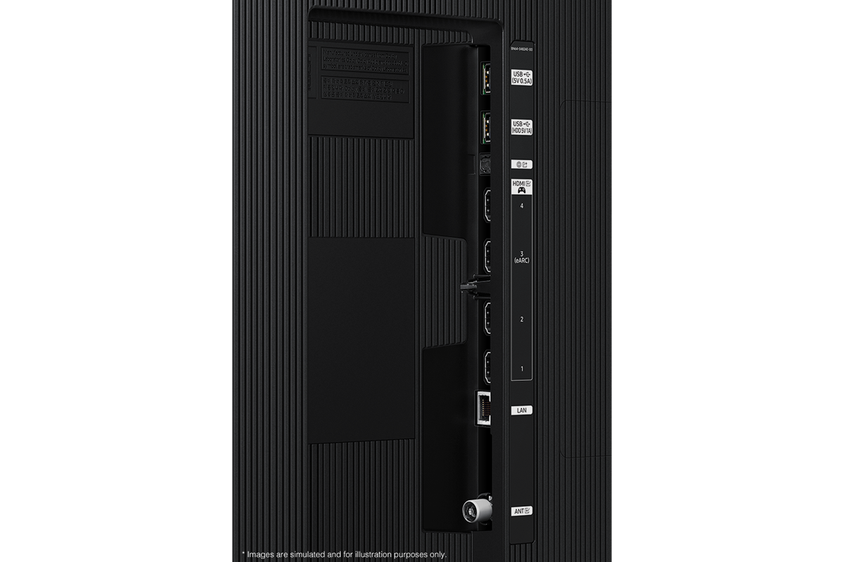 Samsung 2025 Neo QLED QN85F has USB, HDMI, LAN, antenna ports and etc. on the side.