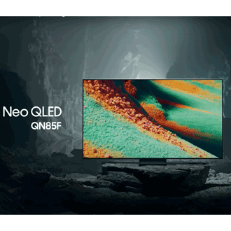 Samsung Neo QLED QN85F TV in a black and white underground space displays a colorful scene of an otherworldly landscape.