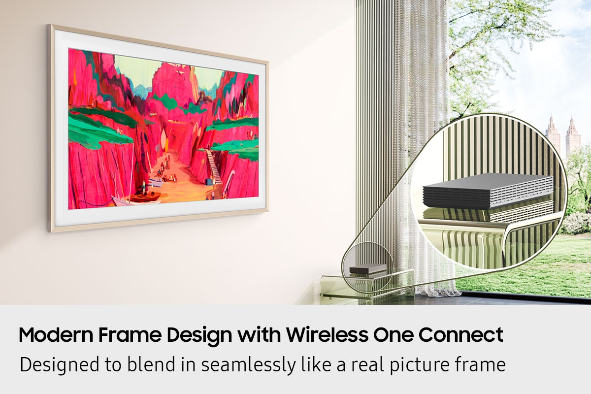 Modern Frame Design. Designed to look like a slim picture frame. Side view of The Frame is installed tightly to a living room wall. Close-up of the Wireless One Connect box placed on side table.